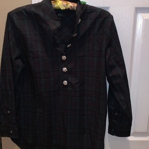 J.Crew Tartan Plaid Jeweled Button Shoulder Blouse
